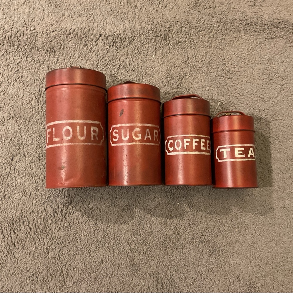 Vintage Flour Sugar Coffee Tea Red Metal Canister Set of 4 Tins Farmhouse w/Lids